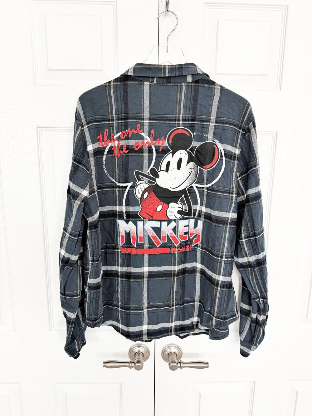 Disney Steamboat Willie Mickey Mouse Printed Plaid Flannel Button Up Top